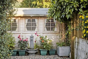 Rustiek houten tuinhuis met planten en zon