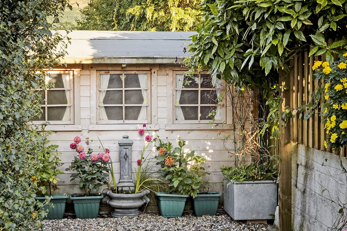 Rustiek houten tuinhuis met planten en zon
