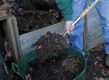 Persoon schept compost uit een compostbak in een grote teil.