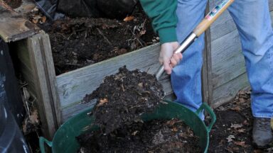 Persoon schept compost uit een compostbak in een grote teil.