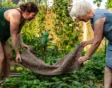 Annelies en haar dochter leggen woldoek in de verhoogde tuinbedden.