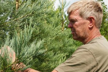 Kweker Albert Leemreize wijst iets aan bij een boom.