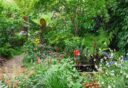 Tuin met pad en schaduwplanten en waterpartij.