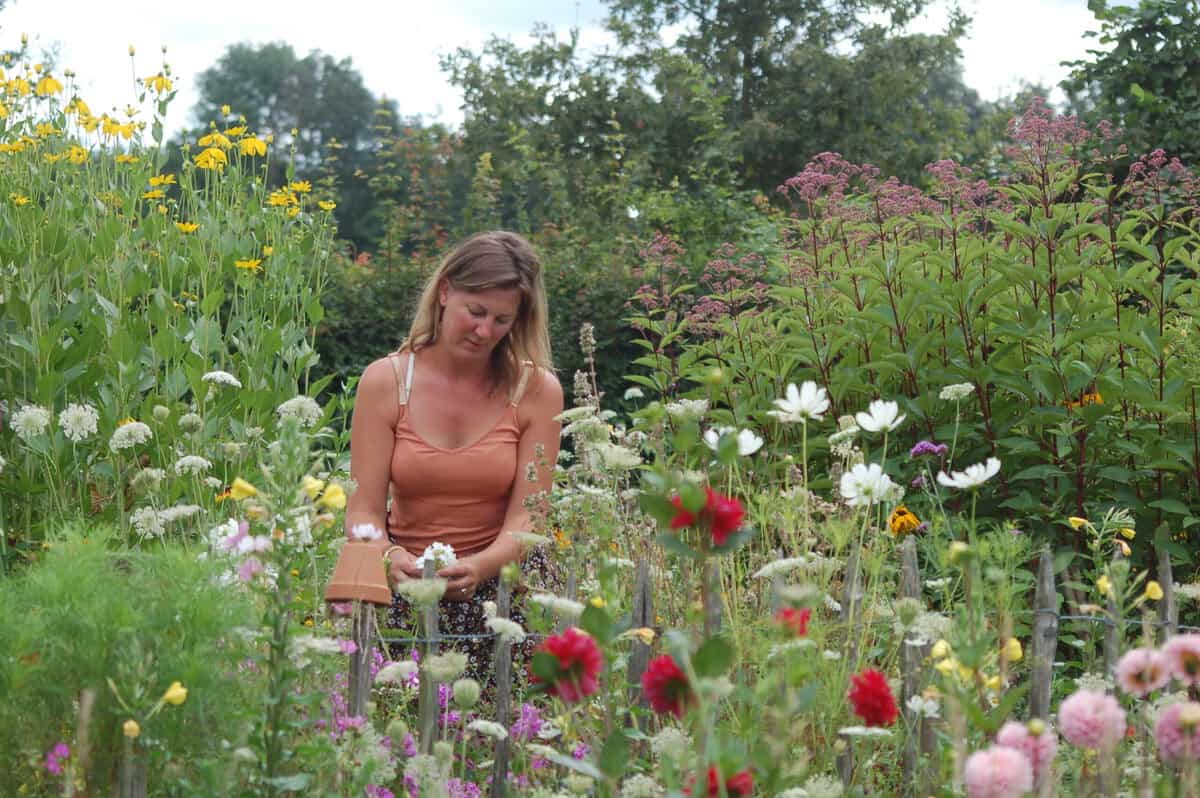 Vrouw middein in een bloemenveld