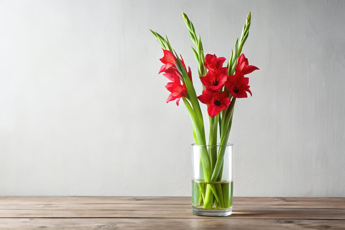 Rode gladiolen in een vaas op tafel.