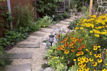 stapstenen pad langs border met vaste planten