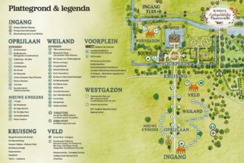 Plattegrond met kwekers en makers op een kaart met nummers en pictorgrammen.