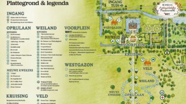 Plattegrond met kwekers en makers op een kaart met nummers en pictorgrammen.