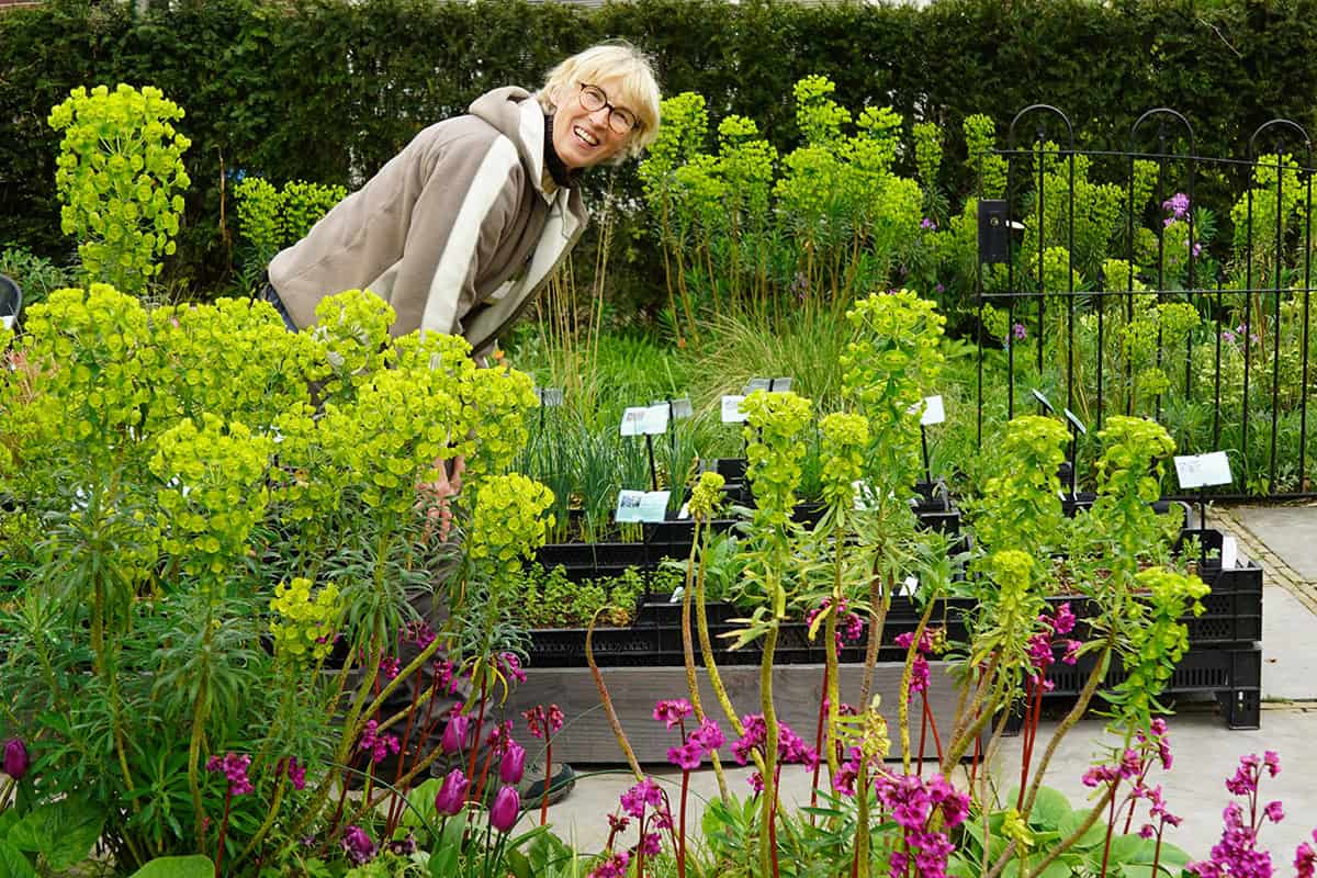 Saskia op haar mini-kwekerij, tussen de planten.