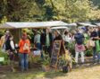 Mensen bij kraam vol bloemen op de ambachtelijke plantenmarkt