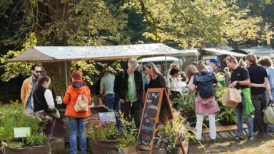Mensen bij kraam vol bloemen op de ambachtelijke plantenmarkt