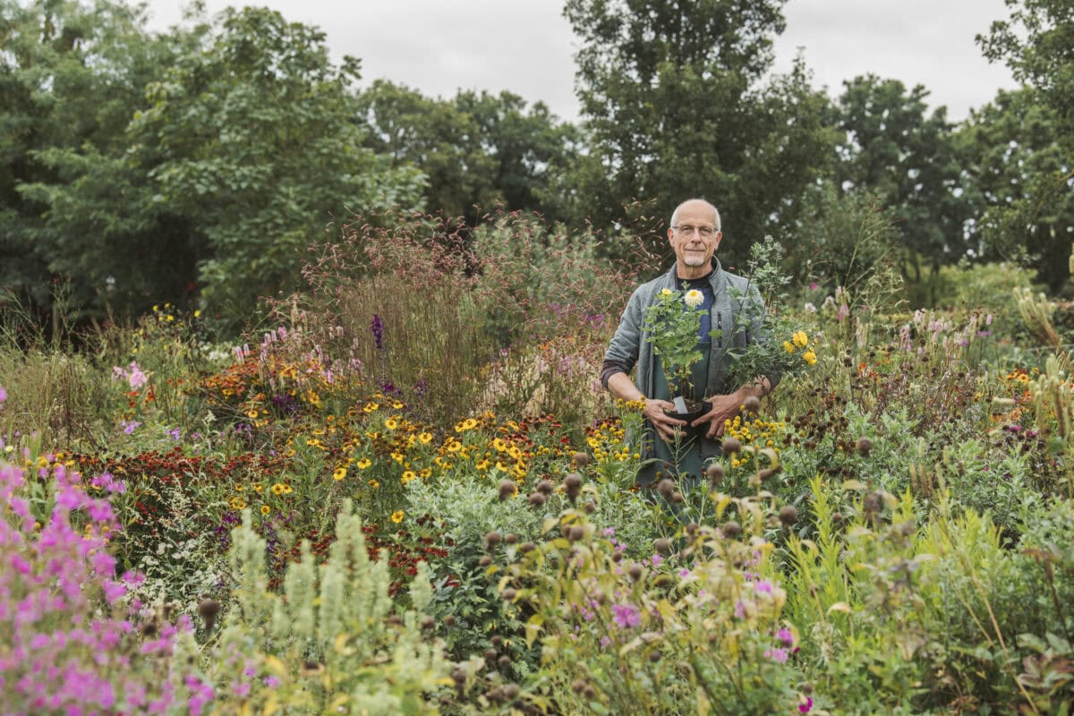 Kweker Marcel de Wagt omringd door kleurrijke planten.