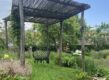 Een houten pergola in de zonnige tuin van Miranda Engels.