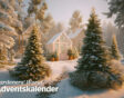 gegenereerd beeld met bomen in de sneeuw met kas.