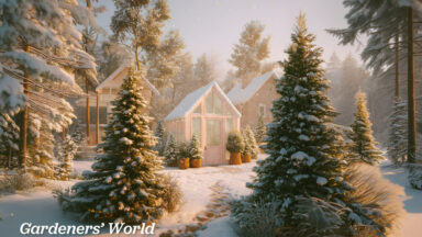 gegenereerd beeld met bomen in de sneeuw met kas.