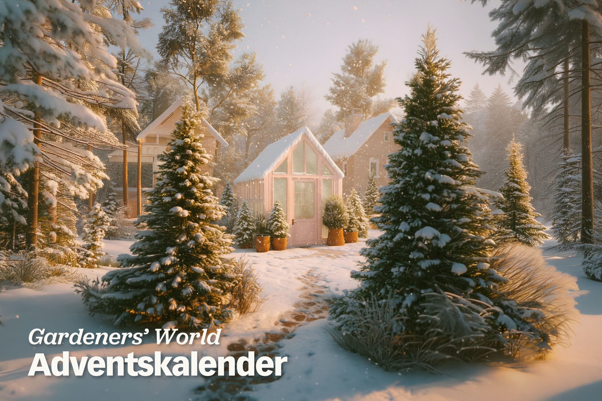 gegenereerd beeld met bomen in de sneeuw met kas.