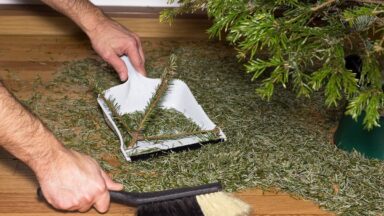 Iemand veegt met stoffer en blik naalden van de kerstboom op de grond.