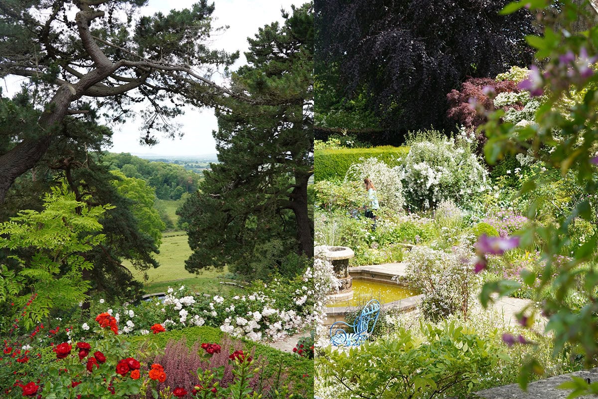 Een compilatie van een vergezicht met in de voorgrond rozen en een gelaagde tuin, Kiftsgate Court Gardens.