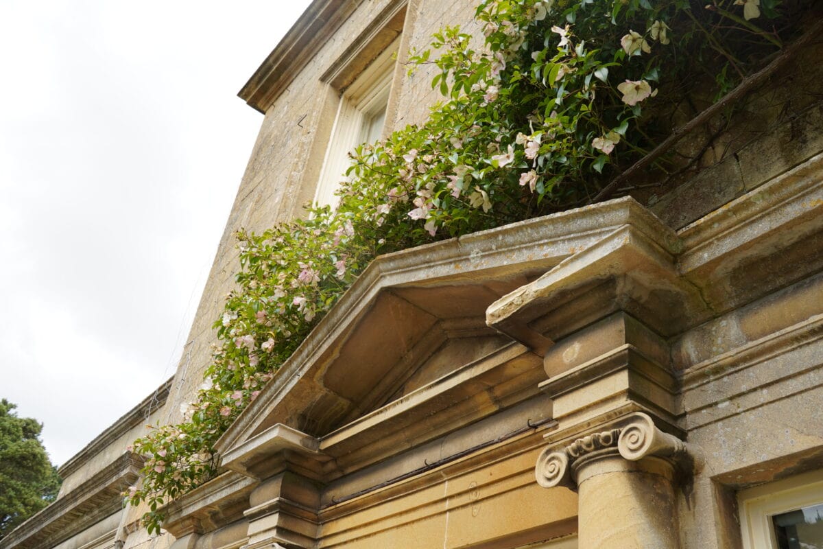 Een gevel bij Giftgate Court Gardens omgeven met kornoelje.