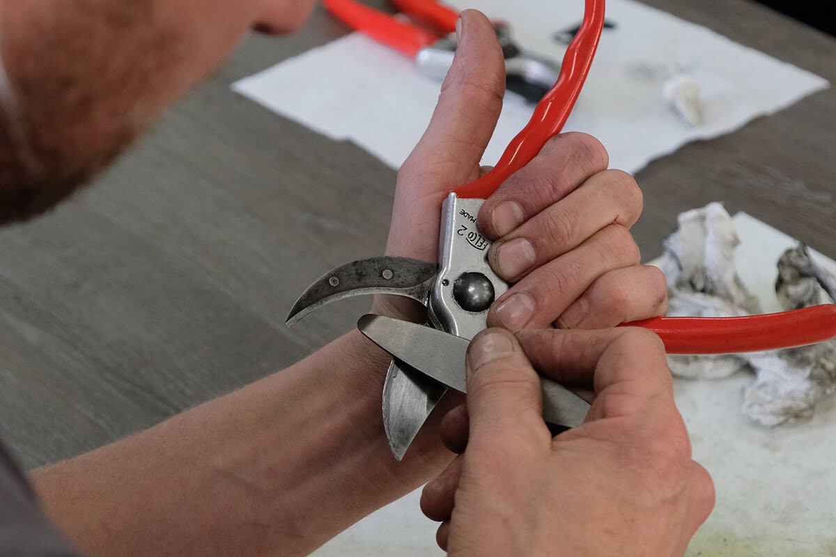 Man slijpt een bypass-snoeischaar met een diamantvijl.