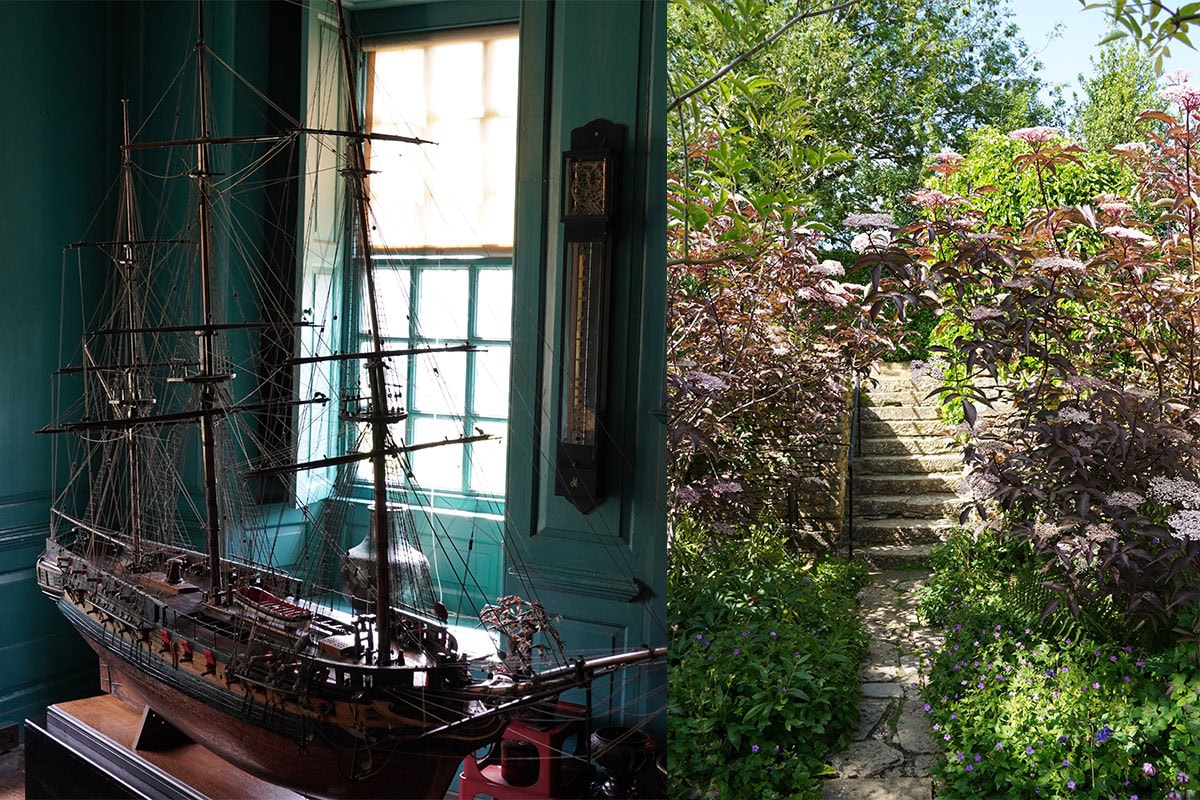 Links een modelbouwschip in Snowshill Manor, rechts een trap in de tuinen beschut door planten.
