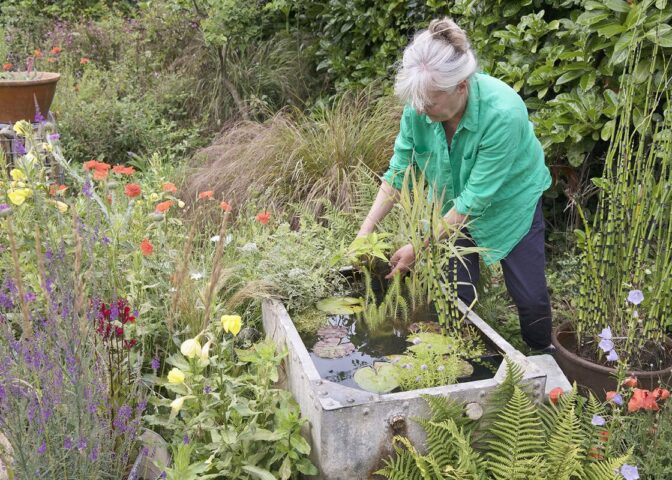 Vrouw maakt tijnvijver in tuin met veel bloemen en dichte beplanting voor tuindieren.