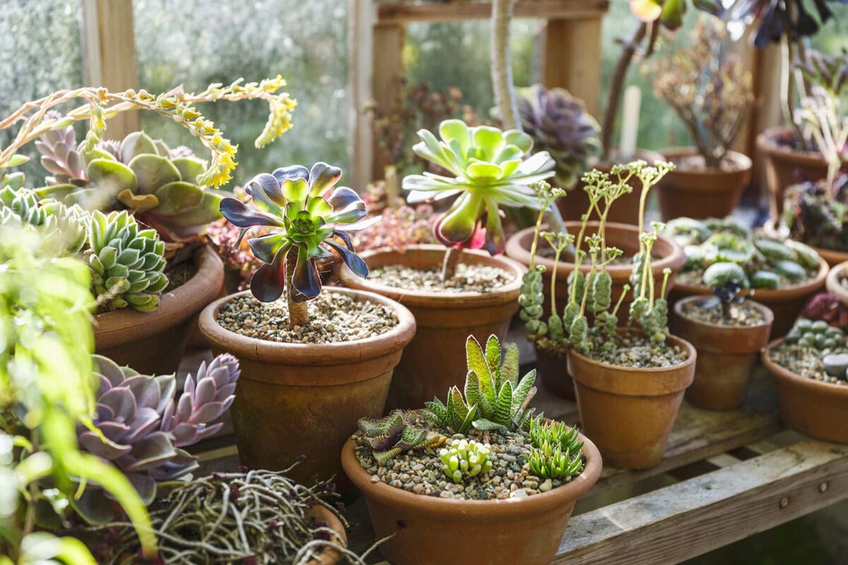 Een heleboel vetplanten en cactussen in een kas.