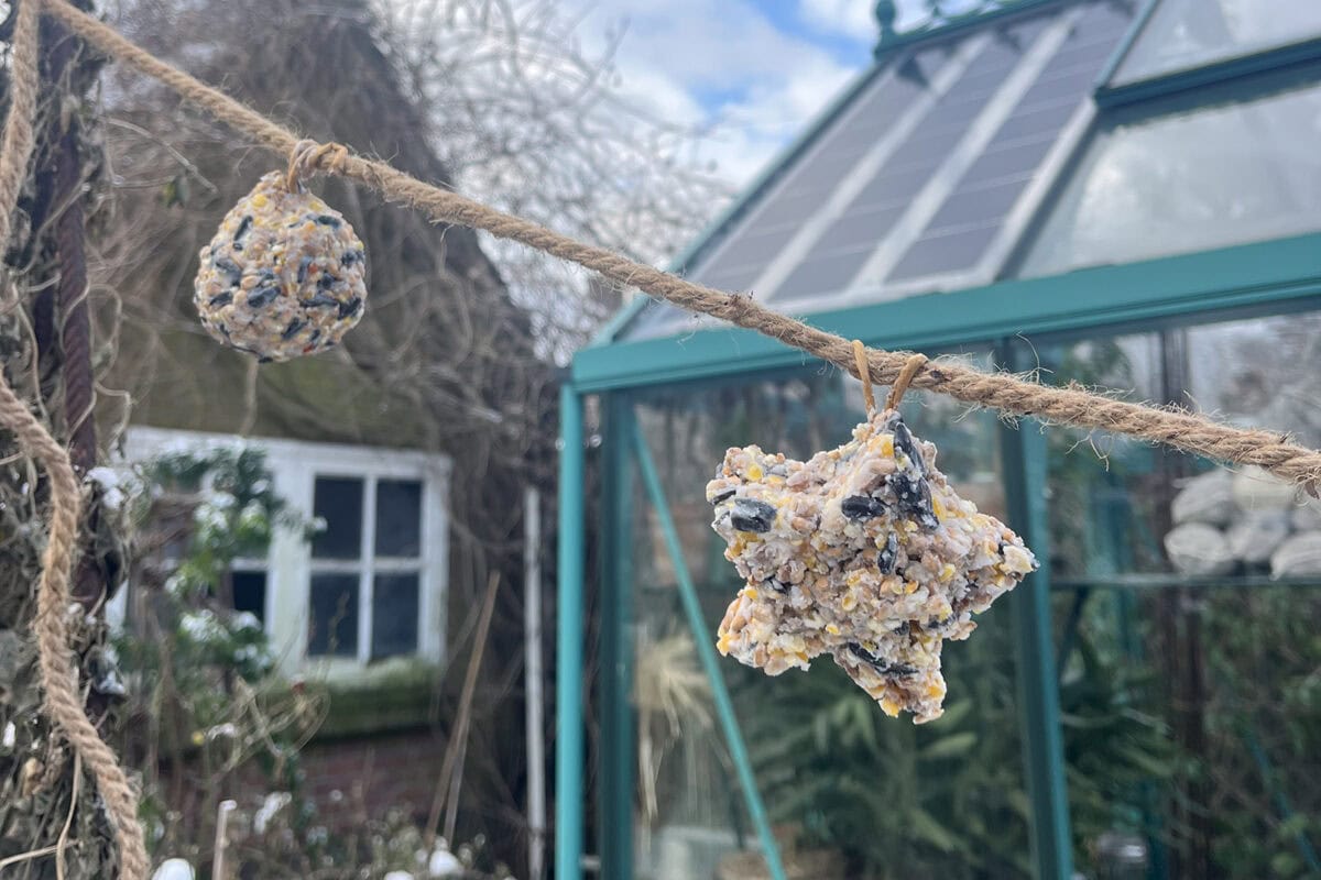 Zelfgemaakte vogelslinger hangt in de tuin.