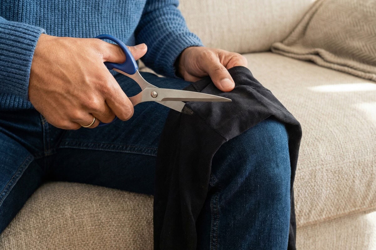 Iemand zit op de bank en knipt met een schaar een panty voor hergebruik in de tuin.