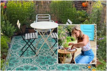 De metamorfose van een kaal dakterras tot een sfeervol zitje met kleed en veel planten. Inzetje: portretfoto van tuinier Naomi.