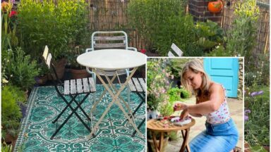 De metamorfose van een kaal dakterras tot een sfeervol zitje met kleed en veel planten. Inzetje: portretfoto van tuinier Naomi.