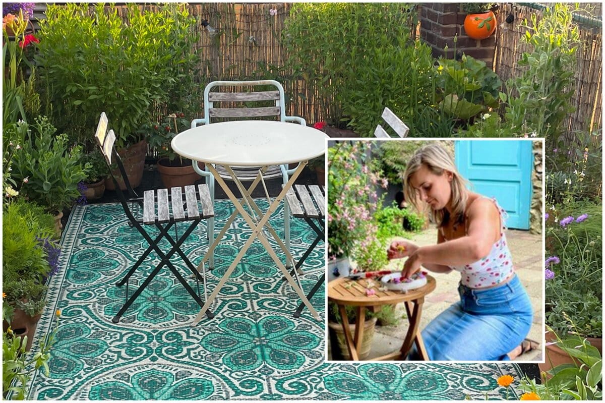 De metamorfose van een kaal dakterras tot een sfeervol zitje met kleed en veel planten. Inzetje: portretfoto van tuinier Naomi.