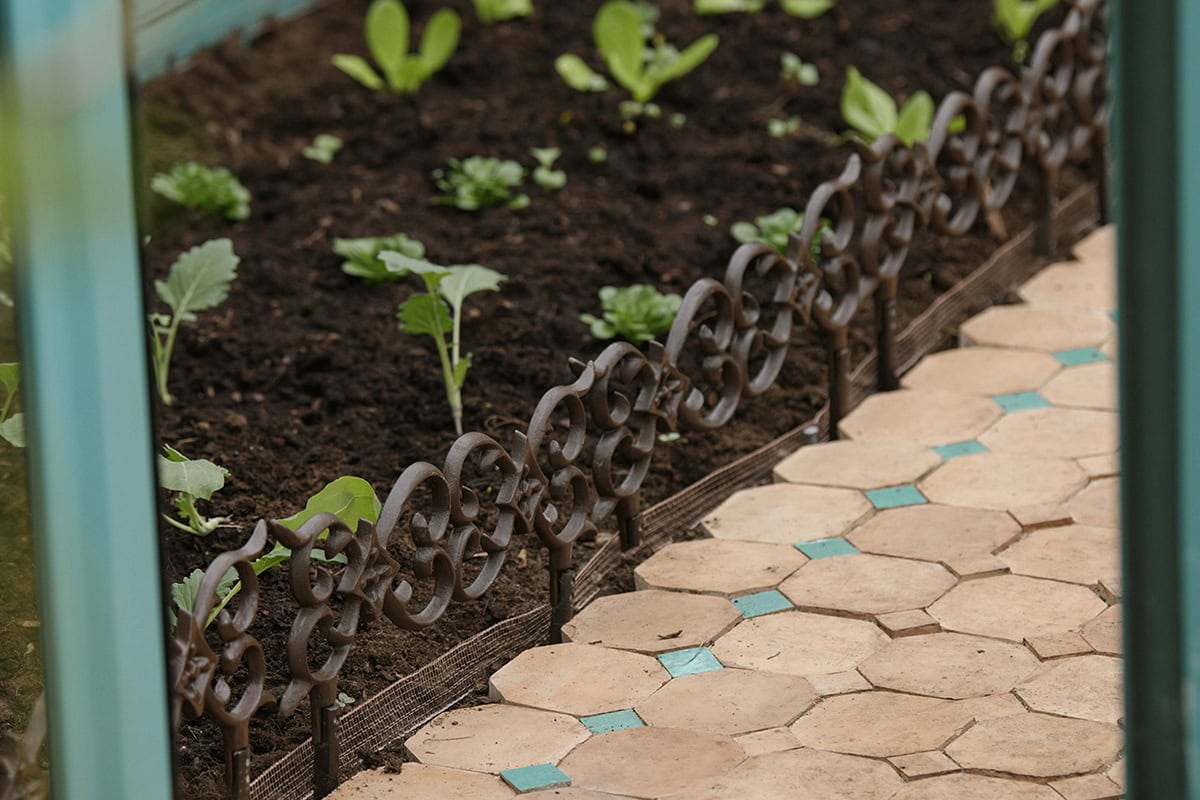 Een gietijzeren hekje in de kas, tussen de tegels en de vollegrond.