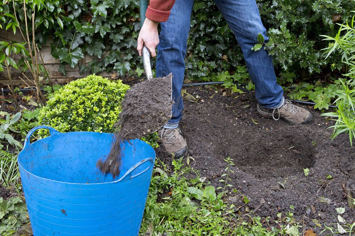 Iemand graaft een plantgat voor een boom planten.