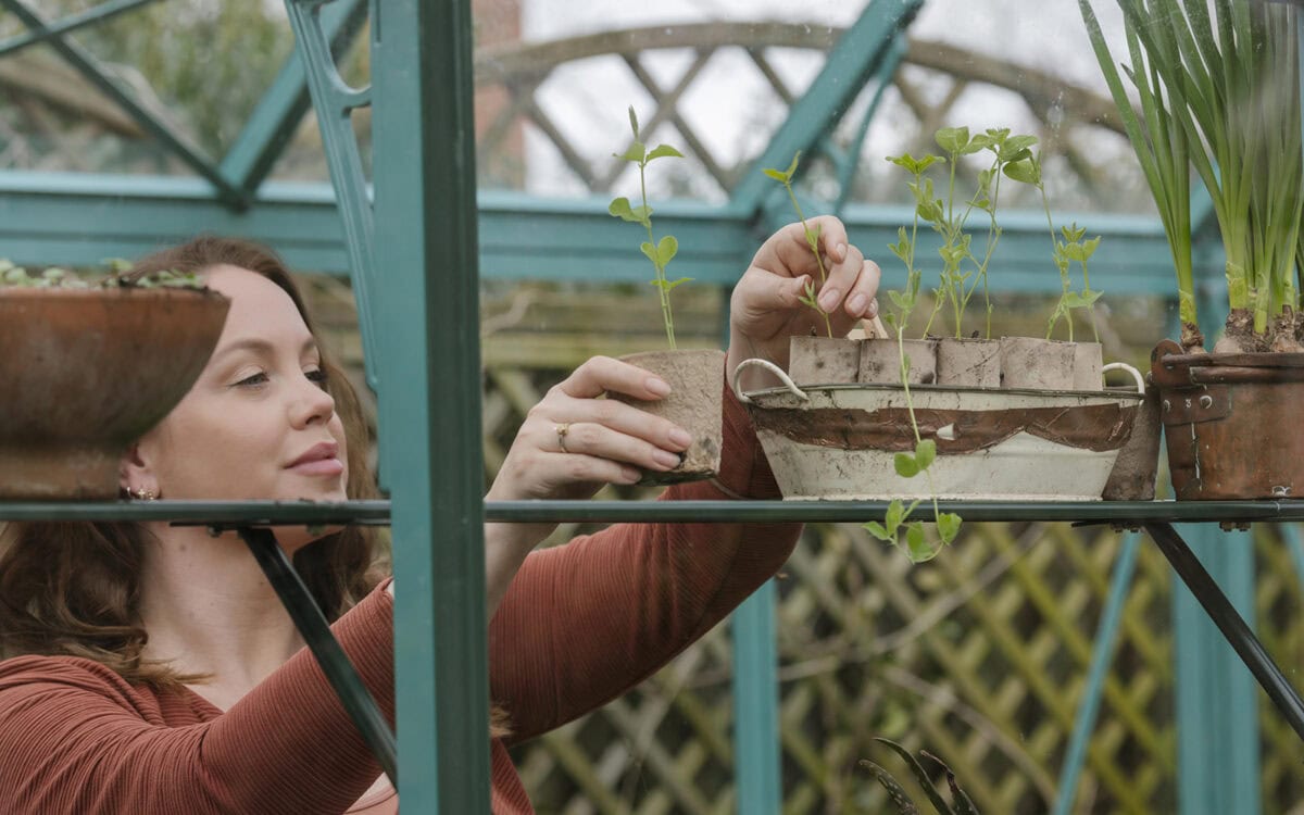 Anne is bezig met zaailingen in de kas.