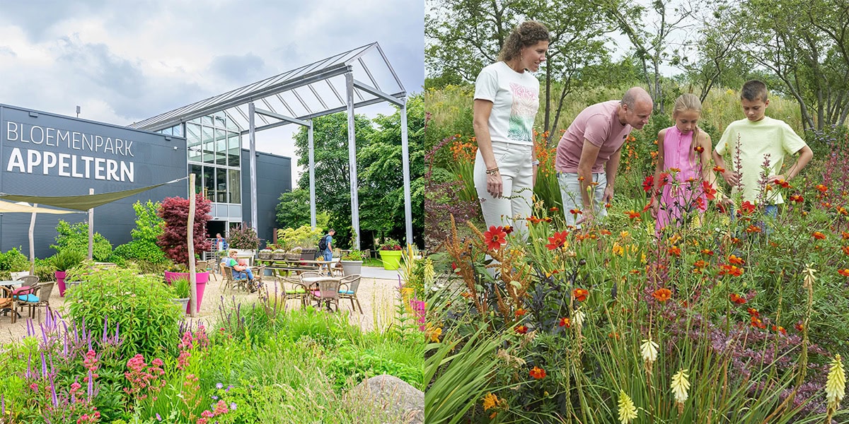 De entree van Bloemenpark Appeltern en een gezin dat naar bloemen kijkt.