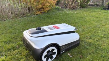 Robotmaaier op gazon in de tuin