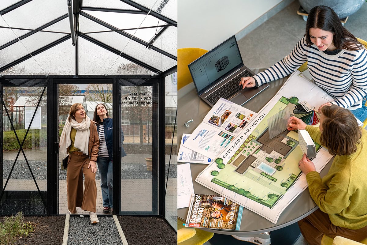 Joke op bezoek bij Euro-Serre, links in een showserre, rechts aan tafel met haar moestuinplannen.