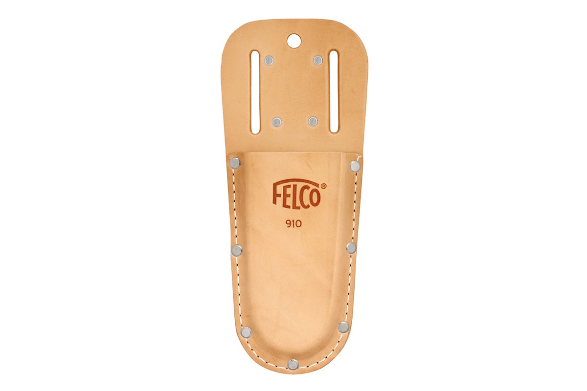Lichtbruine leren holster voor snoeischaar met merknaam Felco erop in rood.