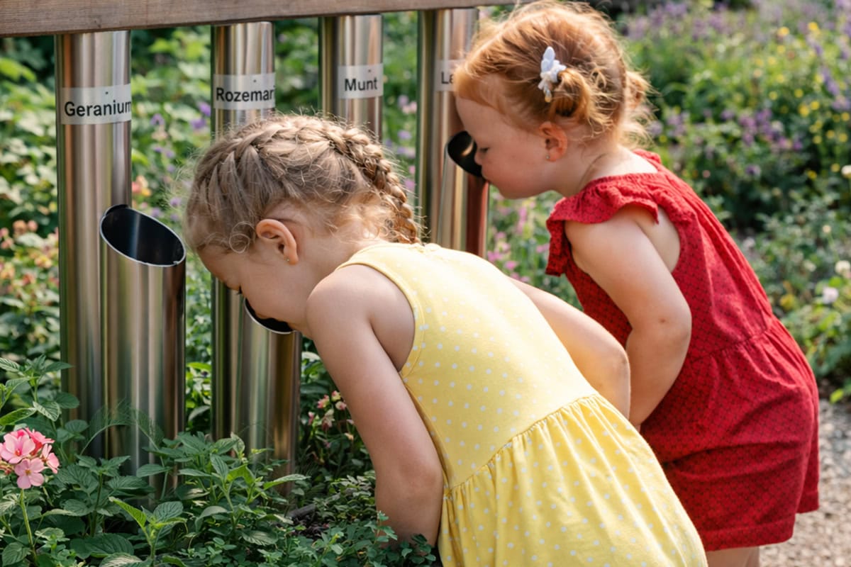 Kinderen kijken naar planten in Bloemenpark Appeltern.