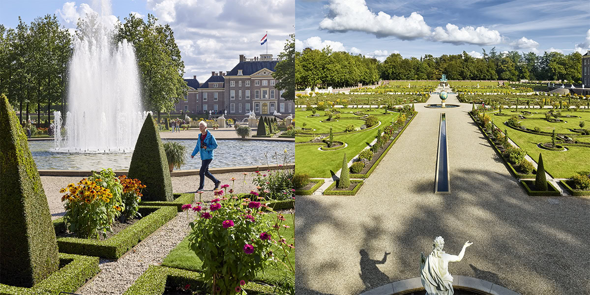 Twee foto's naast elkaar van de paleistuinen van Het Loo.