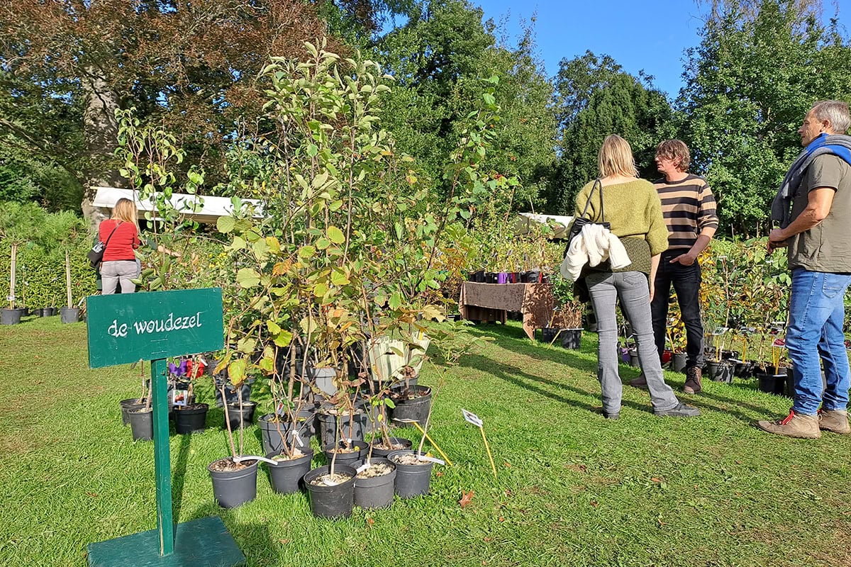 Bordje met 'de woudezel' en mensen die praten op eem plantenmarkt.