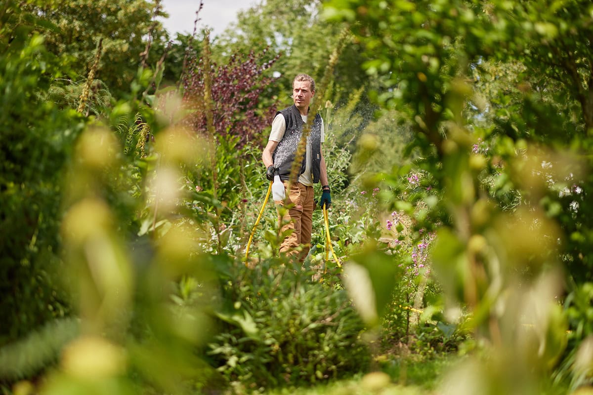 Man in groene tuin met sproeifles

