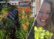 Rechts: lachende Anne met sla-plantje. Links: bloeiende balkonplanten.
