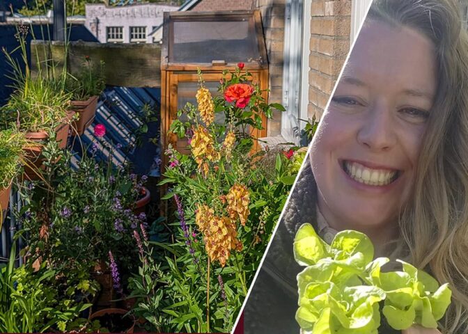 Rechts: lachende Anne met sla-plantje. Links: bloeiende balkonplanten.
