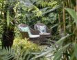 Een beschutte tuin met twee stoelen met kussens erin, omgeven door varens en ander groen.