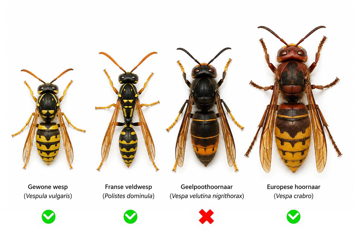Verschillende wespen op een rij van bovenaf ter vergelijking.