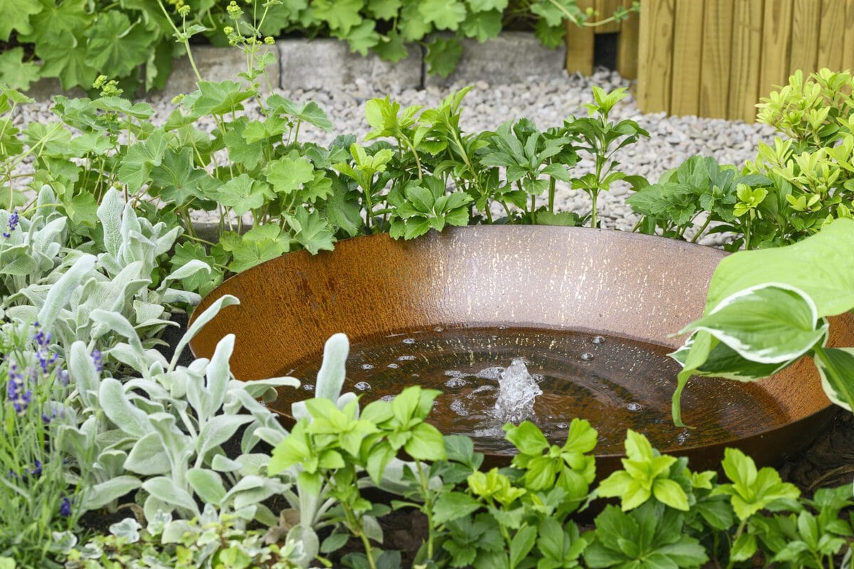 Een metalen schaal met een klein fonteintje erin, omringd door salie, lavendel, geranium en meer.