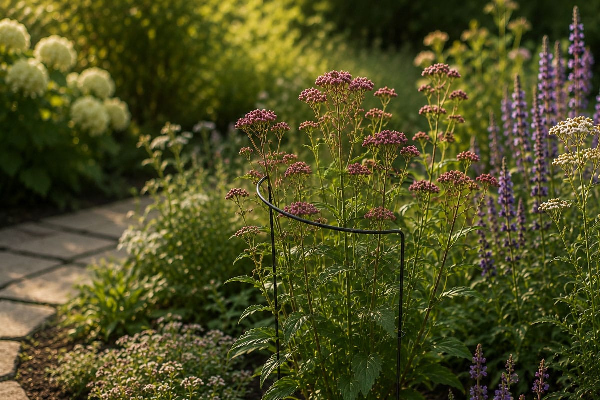 Een tuinborder met bloemen en een plantensteun.