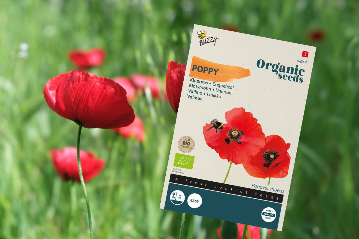 Zakje met papaverzaad tegen een achtergrond van een bloemenveld.